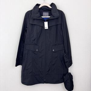 Cole Haan Womens Packable Rain Coat Jacket Size L Hooded Long Lightweight Black